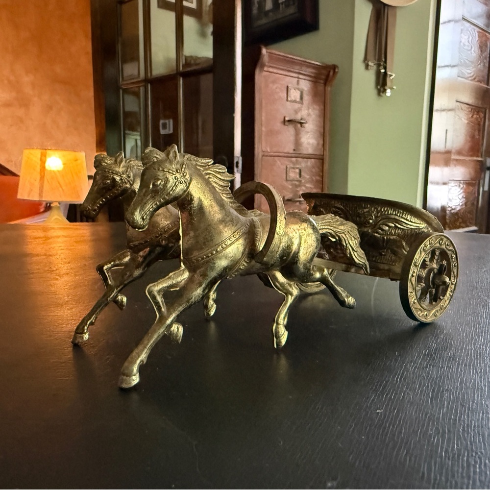 Vintage Brass Horse Chariot Sculpture